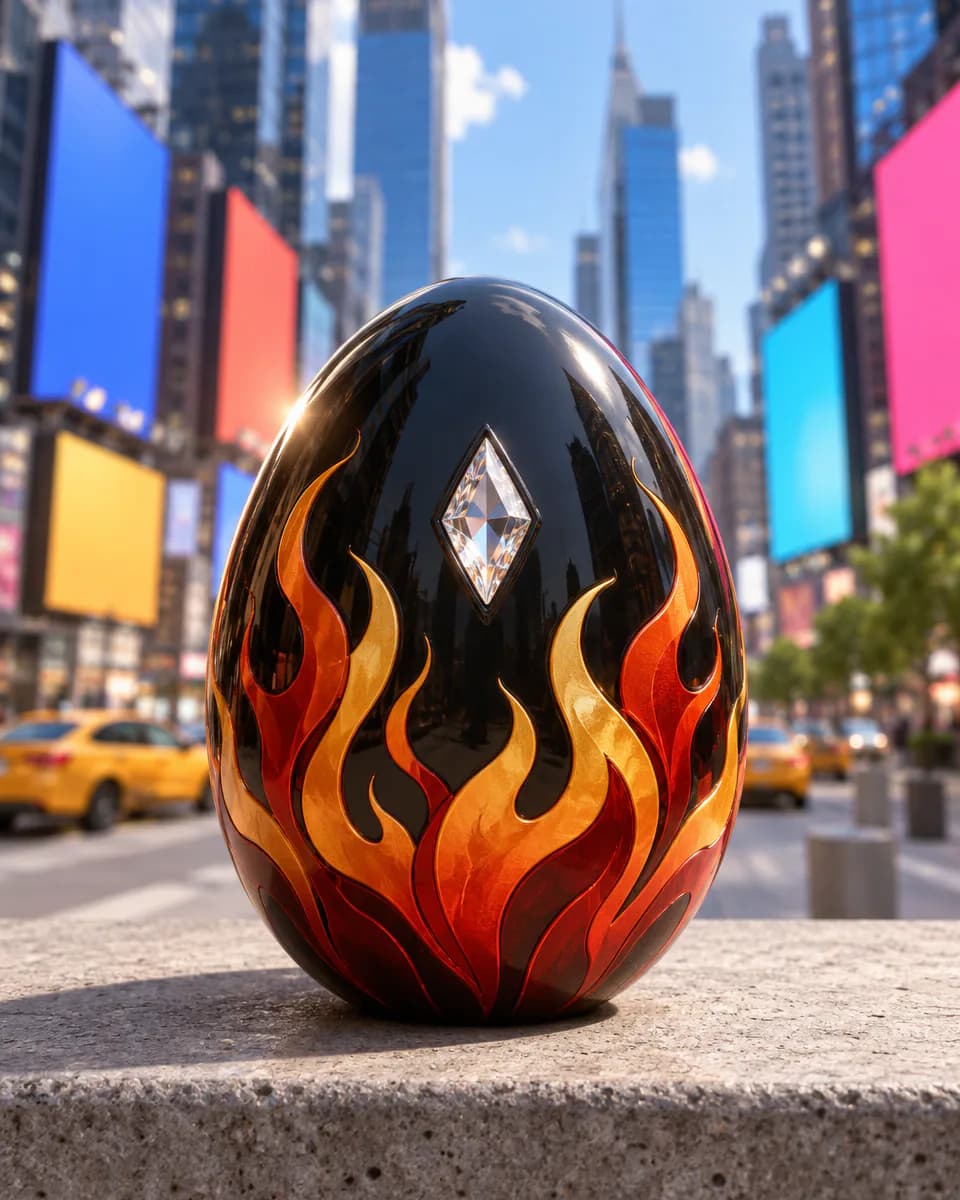 The Prism Egg, glossy black with painted flames and a clear crystal inset, on a Times Square ledge.