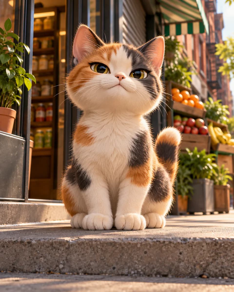 Kittee Cee, a calico cat Mon with soft paws, sitting on a Harlem bodega step beside a fruit stand.