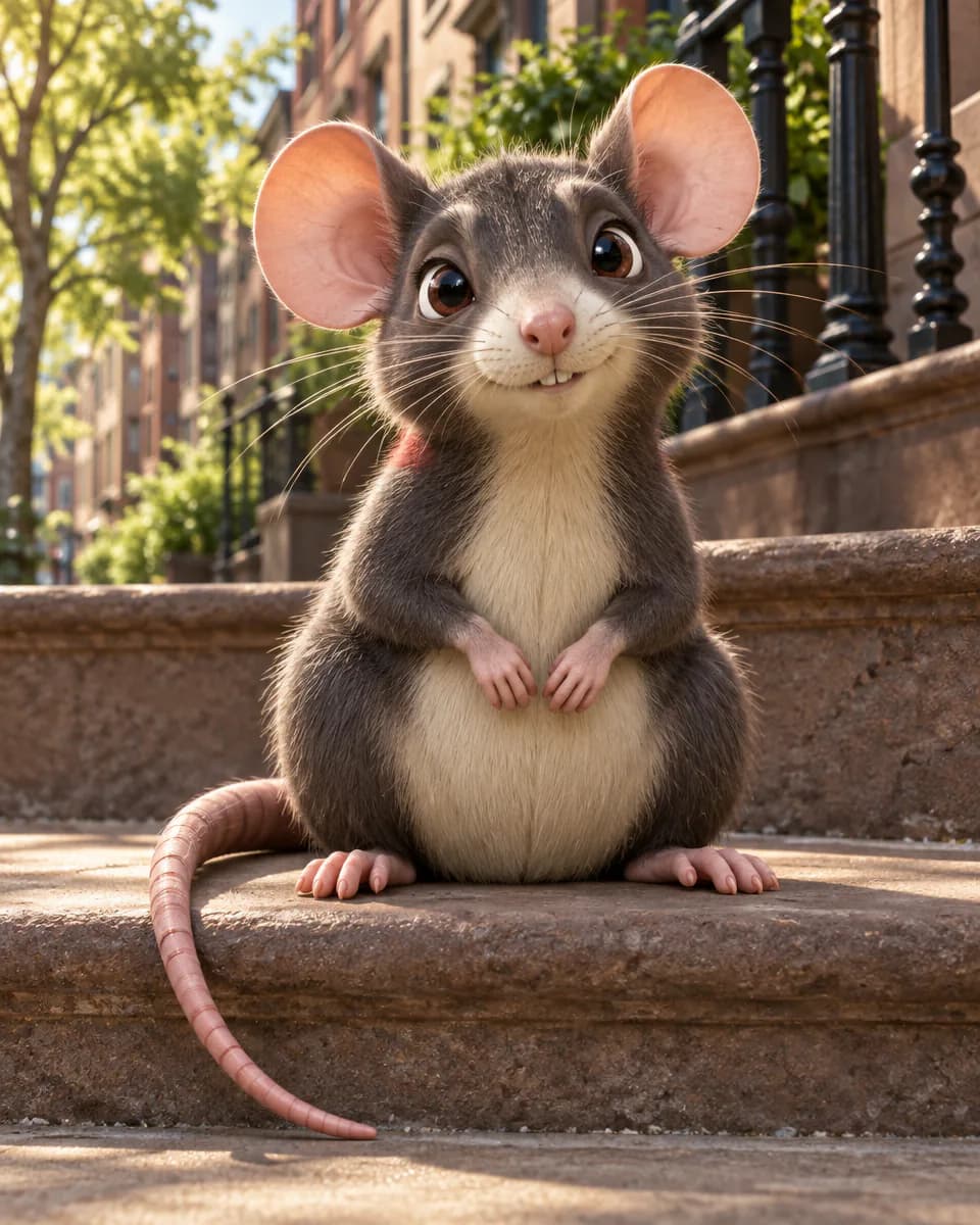 Squeaklet, a charcoal-furred rat Mon with pink ears and tail, sitting on a sunny Harlem brownstone stoop.
