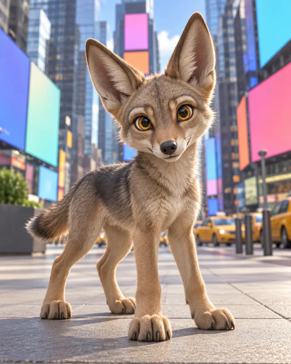Yotito, a sandy-gray coyote Mon with tall ears and big paws, standing on a bright Times Square sidewalk.